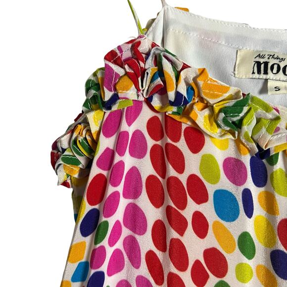 All Things Mochi Blessica Rainbow Polka Dot Print Tiered Silk Mini Dress Sz S - Picture 9 of 16